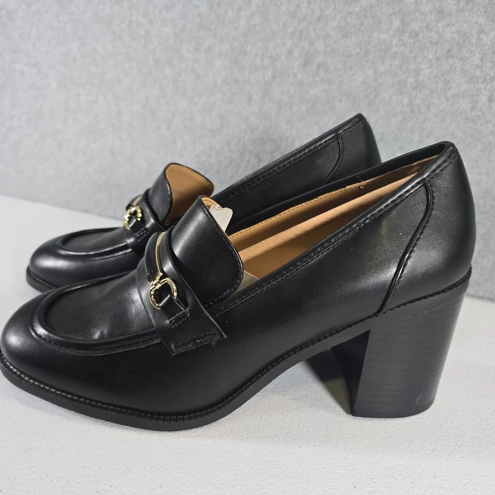 CosyFever Womens Black Heeled Loafers Gold Bit Detail Block Heel Pumps Size 9M